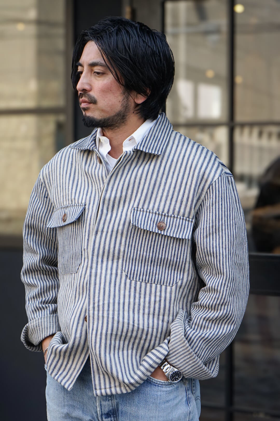 VINTAGE FARMERS LINEN STRIPE CHINCH BACK BLOUSON | ARCH ONLINE SHOP